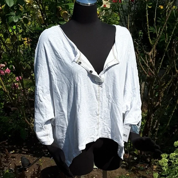 Free People First Base Henley Tee LS High Low Hem Slouchy Oversized White Sm NWT - Picture 6 of 7